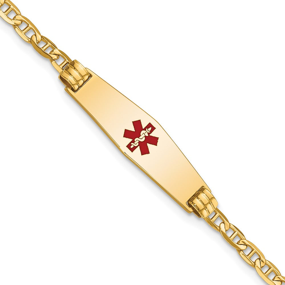 Engravable 14K Yellow Gold Medical Soft Diamond Shape Red Enamel Anchor Link Child ID Bracelet Length 6 inches Width 8.5 mm With Lobster Claw Clasp