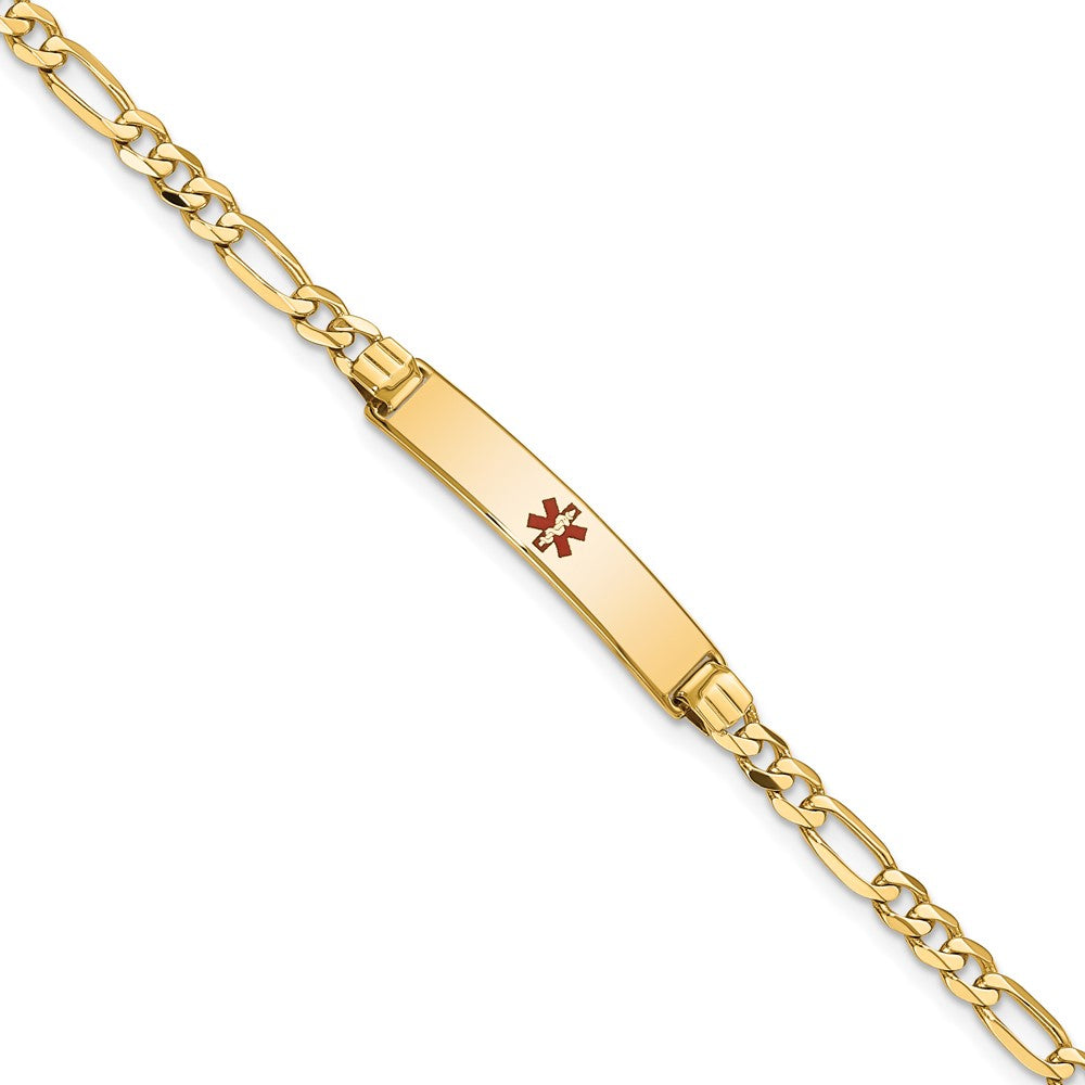 Engravable 14K Yellow Gold Medical Red Enamel Figaro ID Bracelet Length 7 inches Width 5.5 mm With Lobster Claw Clasp