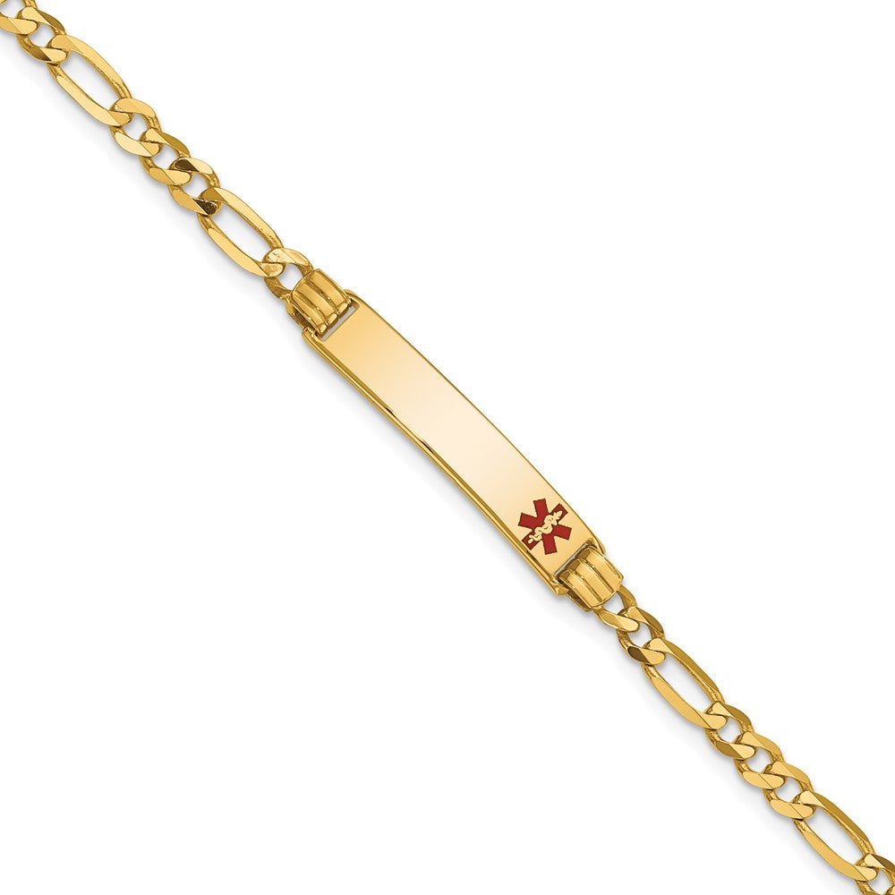 Engravable 14K Yellow Gold Medical Red Enamel Figaro ID Bracelet Length 8 inches Width 5.5 mm With Lobster Claw Clasp