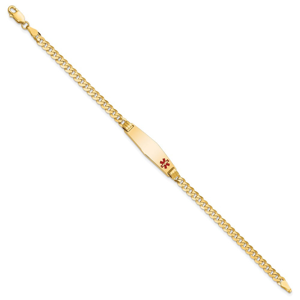 Engravable 14K Yellow Gold Medical Soft Diamond Shape Red Enamel Curb Link ID Bracelet Length 8 inches Width 7.5 mm With Lobster Claw Clasp