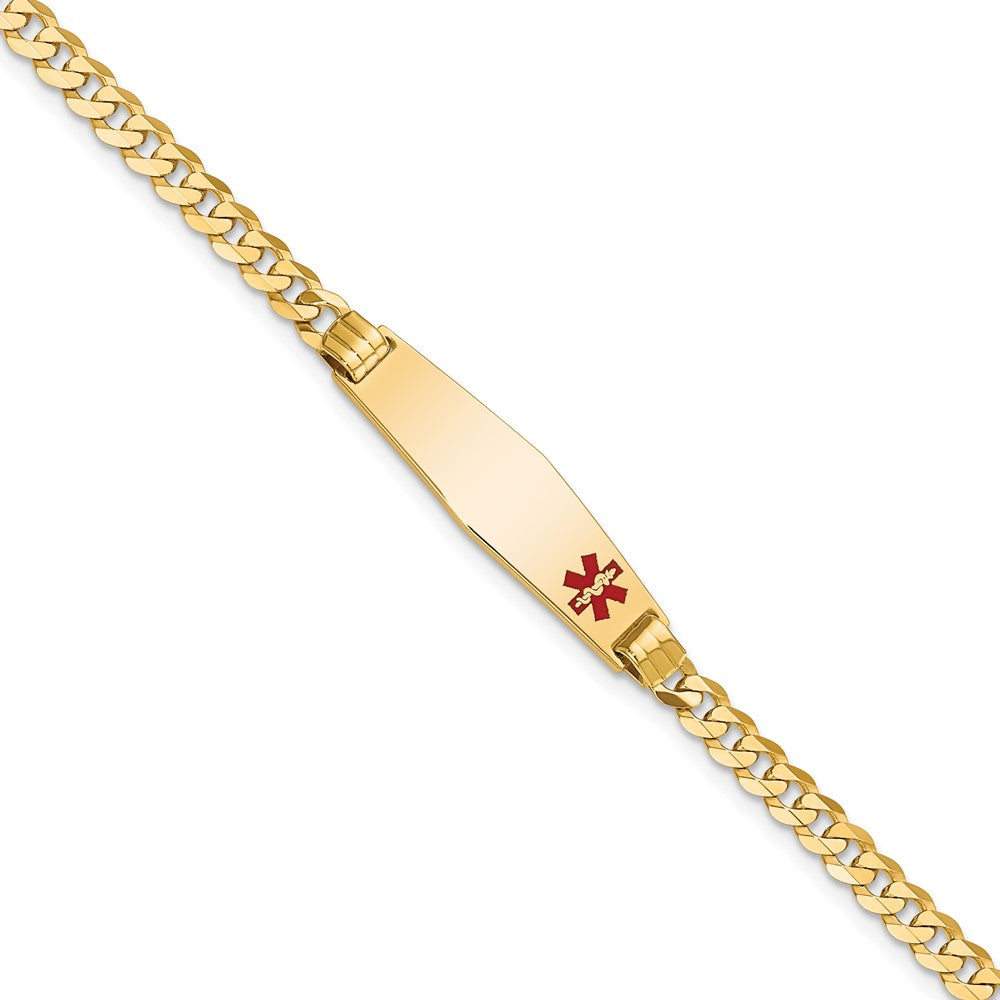 Engravable 14K Yellow Gold Medical Soft Diamond Shape Red Enamel Curb Link ID Bracelet Length 8 inches Width 7.5 mm With Lobster Claw Clasp