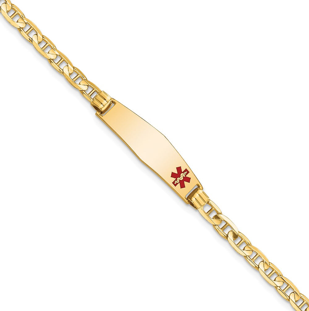 Engravable 14K Yellow Gold Medical Soft Diamond Shape Red Enamel Anchor Link ID Bracelet Length 7 inches Width 7.5 mm With Lobster Claw Clasp