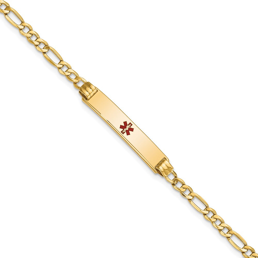 Engravable 14K Yellow Gold Medical Polished Red Enamel Figaro ID Bracelet Length 7 inches Width 5.5 mm With Lobster Claw Clasp