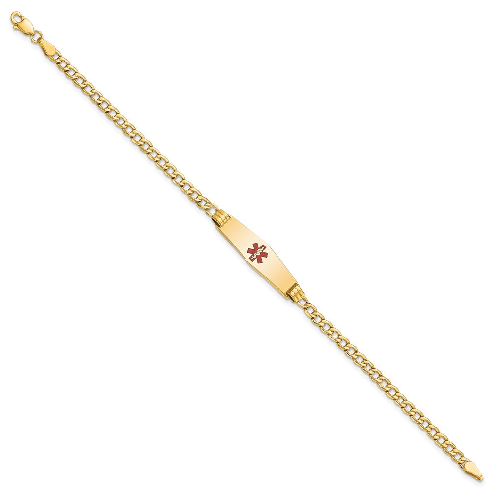 Engravable 14K Yellow Gold Medical Soft Diamond Shape Red Enamel Cuban ID Bracelet Length 7 inches Width 7.5 mm With Lobster Claw Clasp