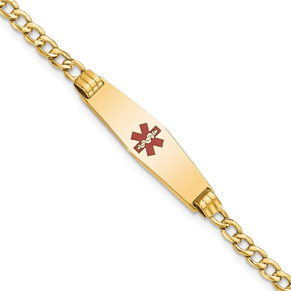 Engravable 14K Yellow Gold Medical Soft Diamond Shape Red Enamel Cuban ID Bracelet Length 7 inches Width 7.5 mm With Lobster Claw Clasp