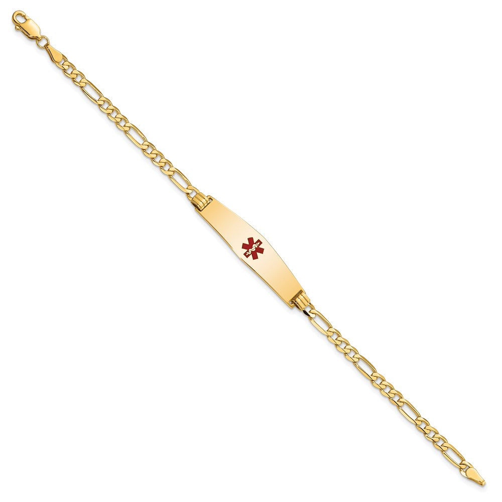 Engravable 14K Yellow Gold Medical Soft Diamond Shape Red Enamel Flat Figaro Link ID Bracelet Length 8 inches Width 8.5 mm With Lobster Claw Clasp