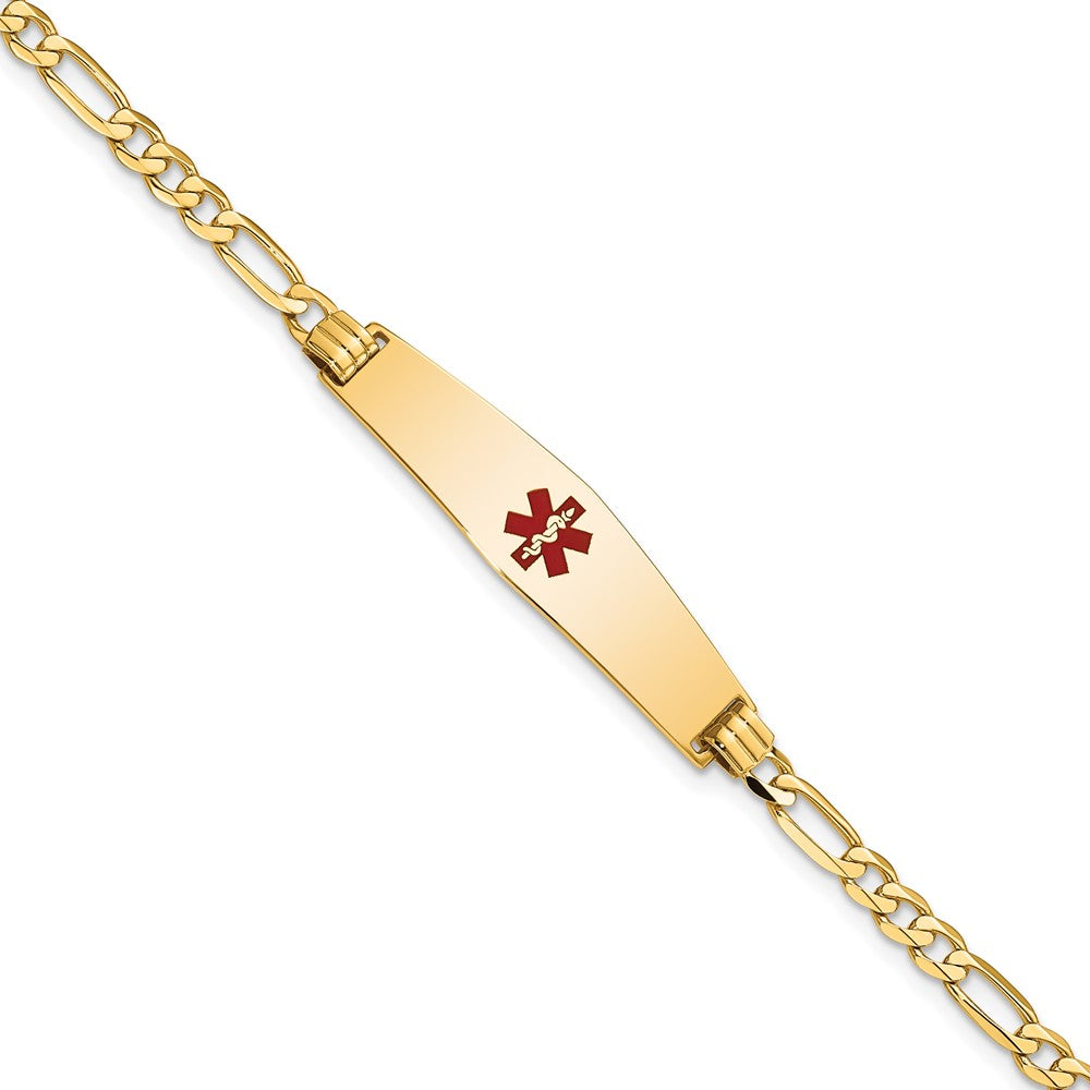 Engravable 14K Yellow Gold Medical Soft Diamond Shape Red Enamel Flat Figaro Link ID Bracelet Length 8 inches Width 8.5 mm With Lobster Claw Clasp