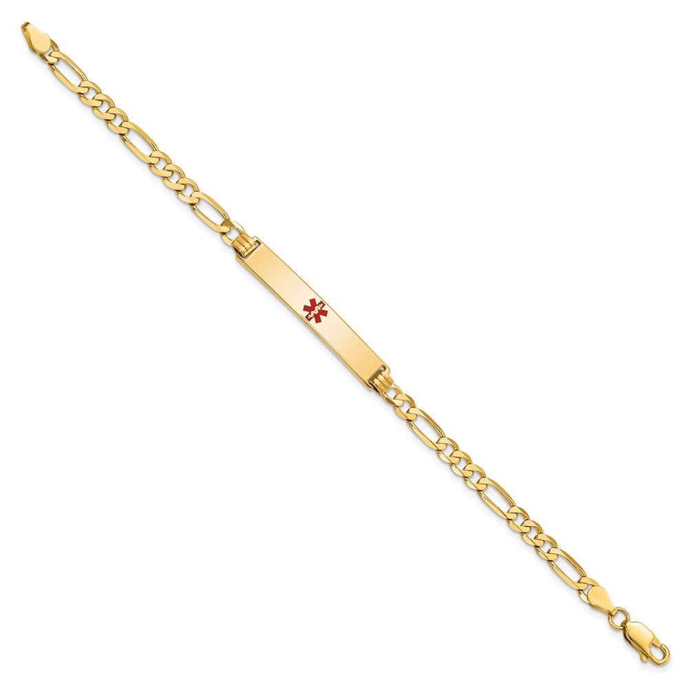 Engravable 14K Yellow Gold Medical Red Enamel Flat Figaro Link ID Bracelet Length 8 inches Width 6.5 mm With Lobster Claw Clasp