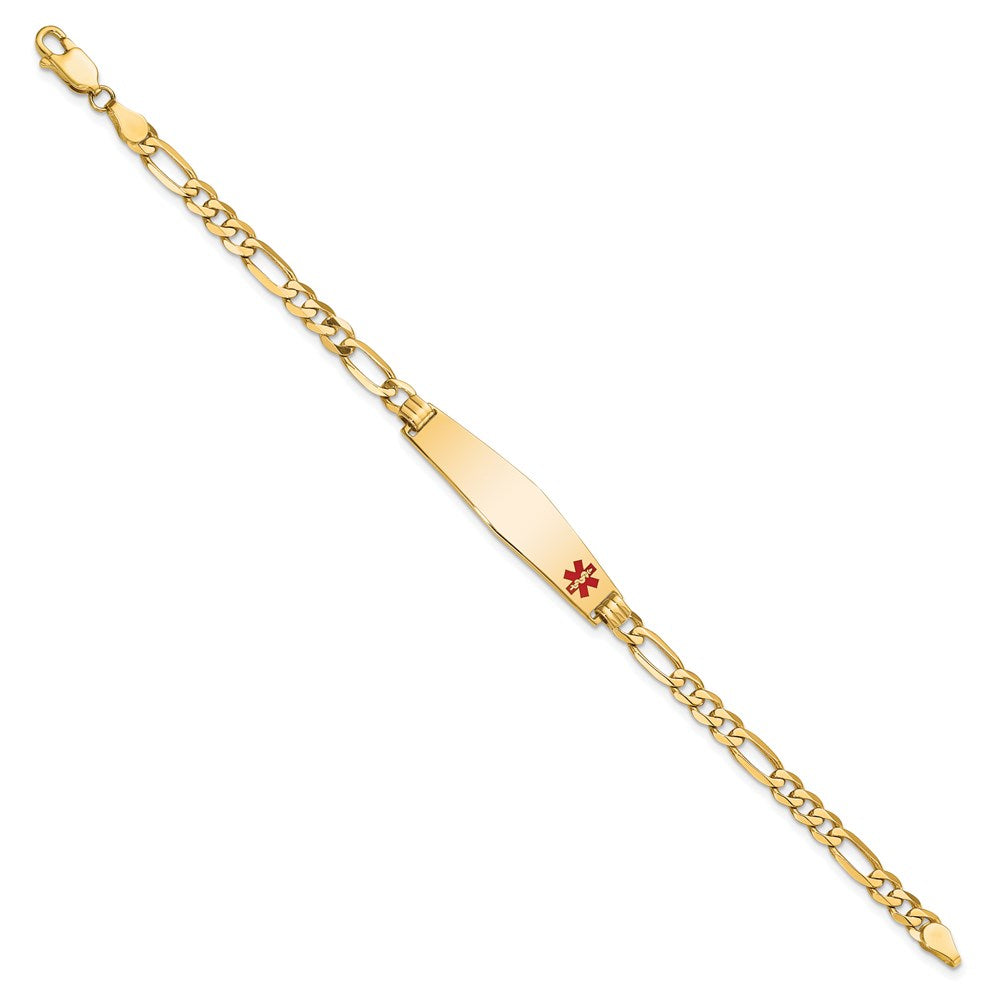 Engravable 14K Yellow Gold Medical Soft Diamond Shape Red Enamel Flat Figaro Link ID Bracelet Length 8 inches Width 8.5 mm With Lobster Claw Clasp