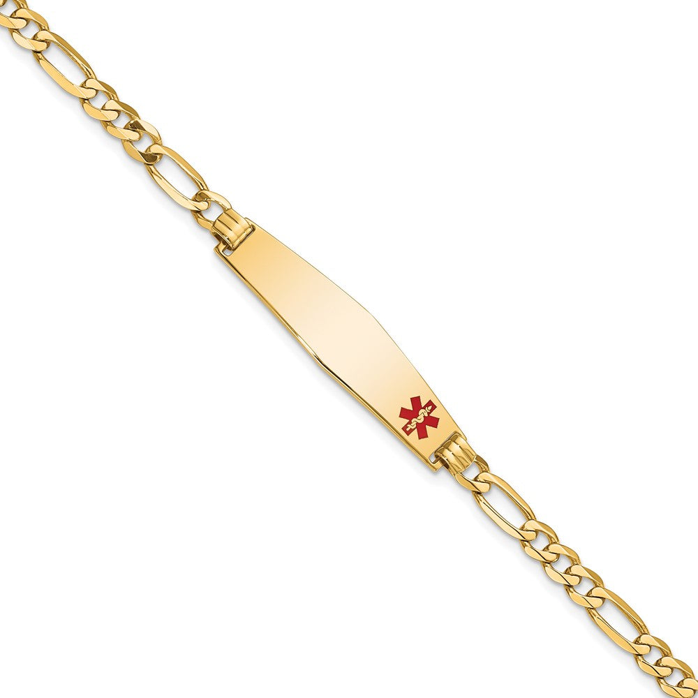 Engravable 14K Yellow Gold Medical Soft Diamond Shape Red Enamel Flat Figaro Link ID Bracelet Length 8 inches Width 8.5 mm With Lobster Claw Clasp