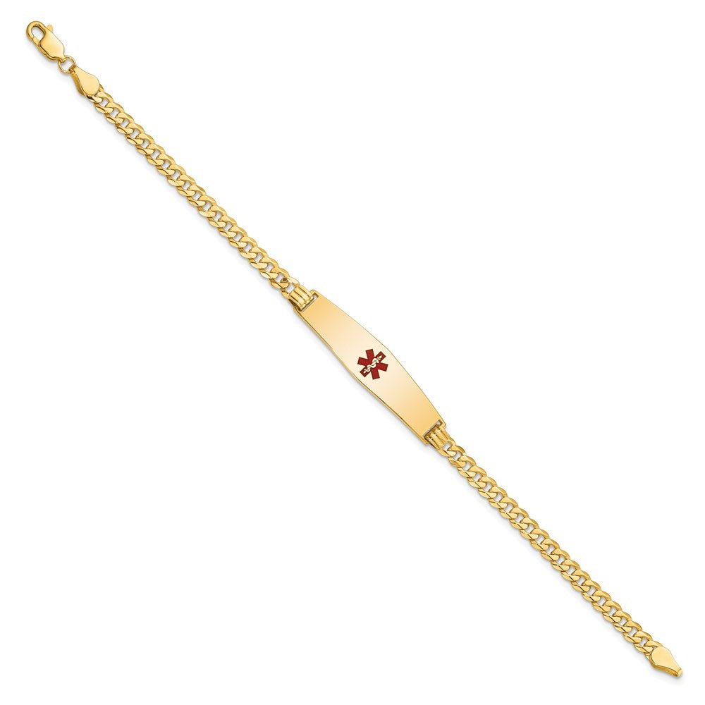 Engravable 14K Yellow Gold Medical Soft Diamond Shape Red Enamel Flat Curb Link ID Bracelet Length 7 inches Width 8.5 mm With Lobster Claw Clasp