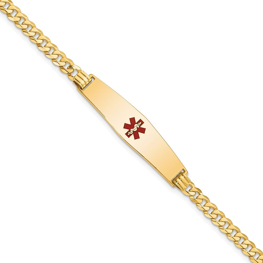 Engravable 14K Yellow Gold Medical Soft Diamond Shape Red Enamel Flat Curb Link ID Bracelet Length 7 inches Width 8.5 mm With Lobster Claw Clasp