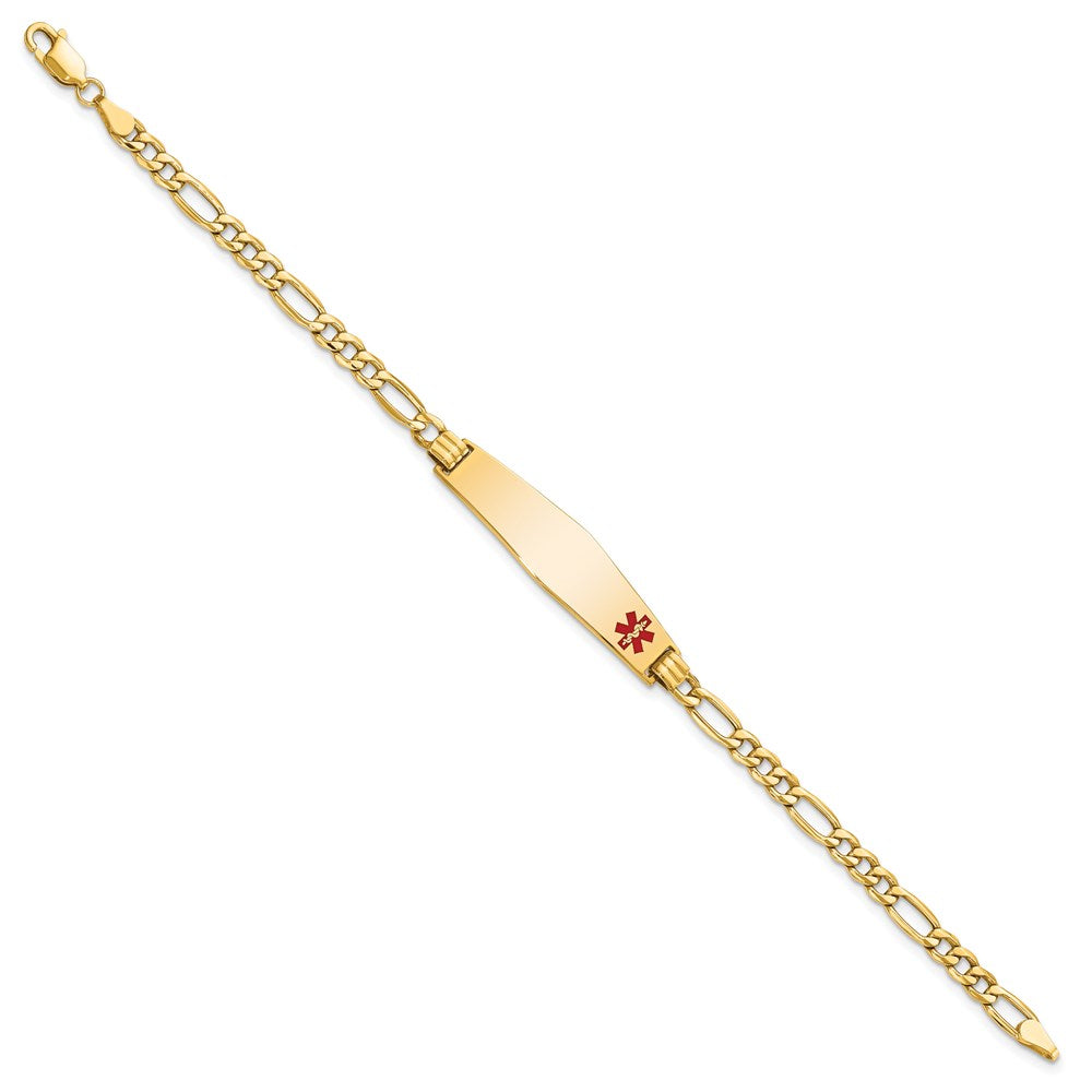 Engravable 14K Yellow Gold Medical Soft Diamond Shape Red Enamel Figaro ID Bracelet Length 7 inches Width 8.5 mm With Lobster Claw Clasp