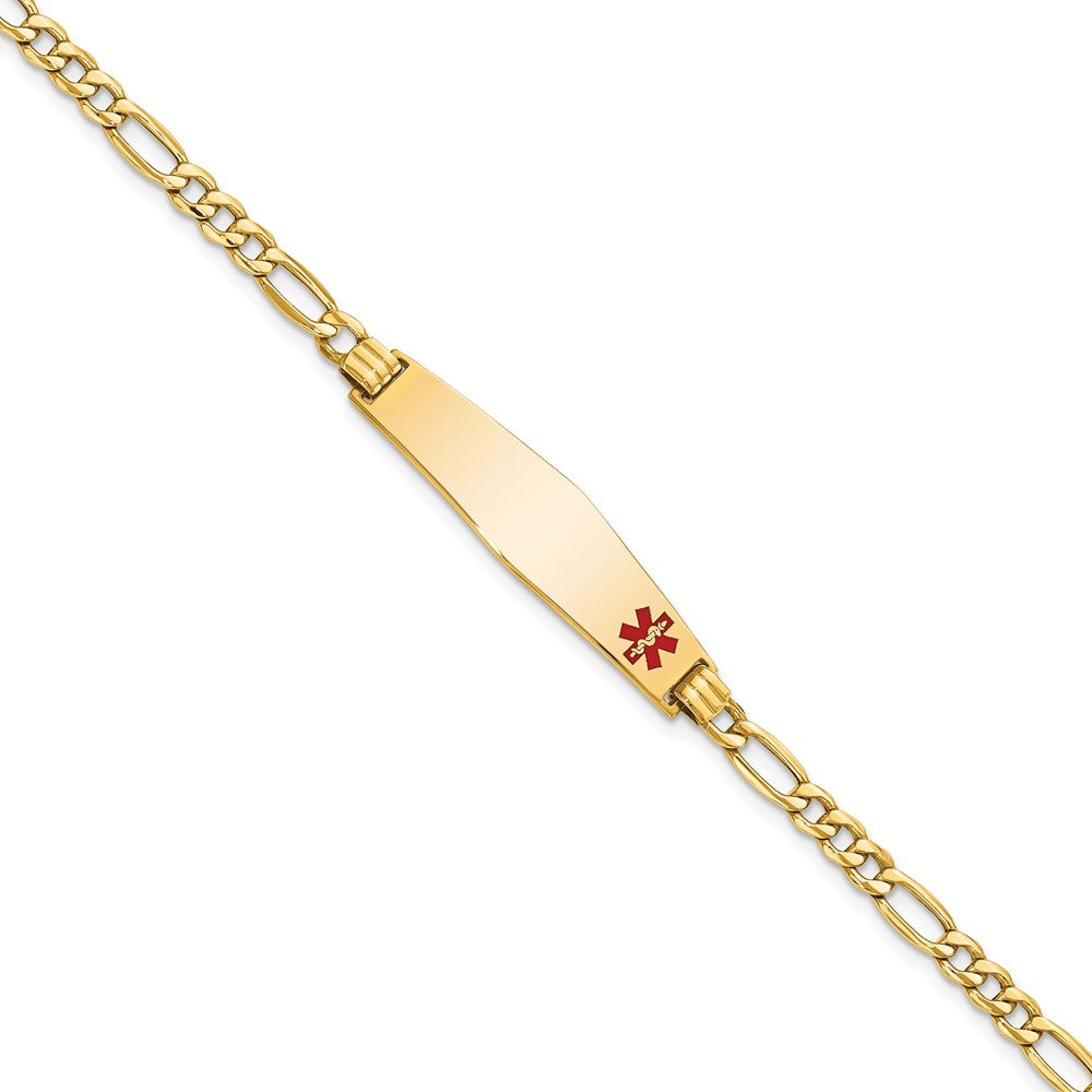 Engravable 14K Yellow Gold Medical Soft Diamond Shape Red Enamel Figaro ID Bracelet Length 7 inches Width 8.5 mm With Lobster Claw Clasp