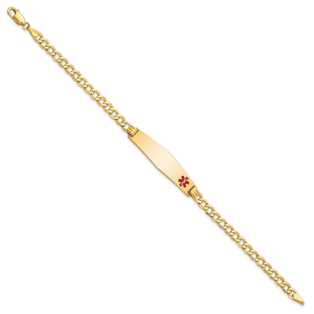 Engravable 14K Yellow Gold Medical Soft Diamond Shape Red Enamel Curb Link ID Bracelet Length 8 inches Width 8.5 mm With Lobster Claw Clasp