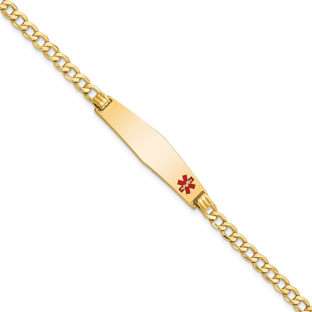 Engravable 14K Yellow Gold Medical Soft Diamond Shape Red Enamel Curb Link ID Bracelet Length 8 inches Width 8.5 mm With Lobster Claw Clasp