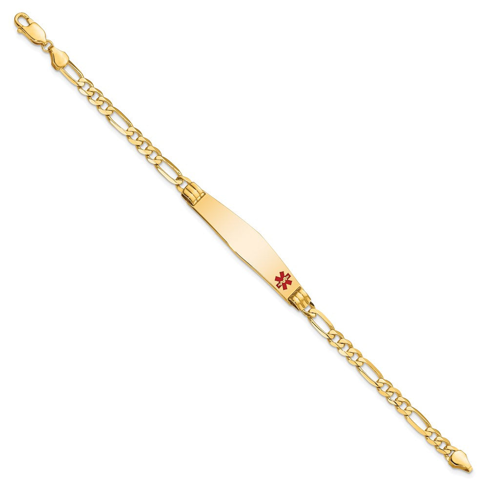 Engravable 14K Yellow Gold Medical Soft Diamond Shape Red Enamel Figaro ID Bracelet Length 8 inches Width 9 mm With Lobster Claw Clasp