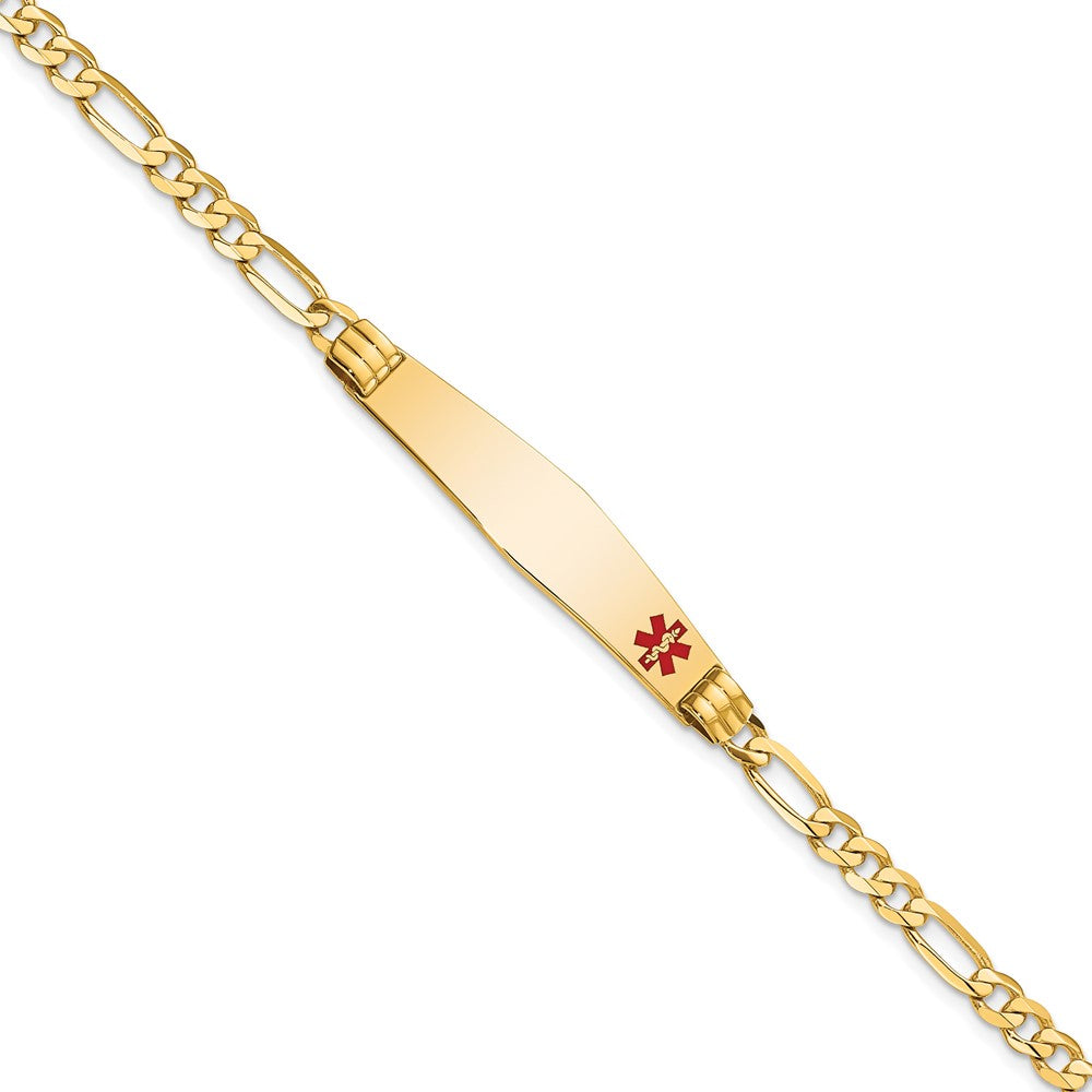 Engravable 14K Yellow Gold Medical Soft Diamond Shape Red Enamel Figaro ID Bracelet Length 8 inches Width 9 mm With Lobster Claw Clasp