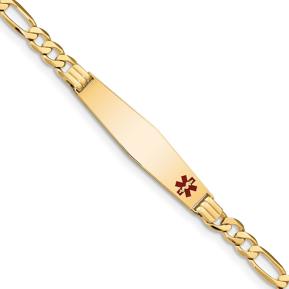 Engravable 14K Yellow Gold Medical Soft Diamond Shape Red Enamel Flat Figaro Link ID Bracelet Length 8 inches Width 9 mm With Lobster Claw Clasp