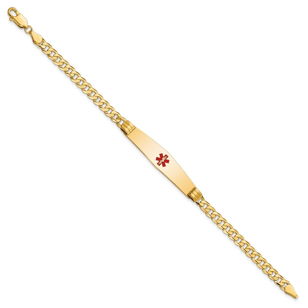 Engravable 14K Yellow Gold Medical Soft Diamond Shape Red Enamel Curb Link ID Bracelet Length 7 inches Width 9 mm With Lobster Claw Clasp