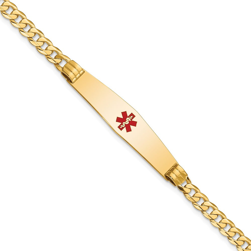 Engravable 14K Yellow Gold Medical Soft Diamond Shape Red Enamel Curb Link ID Bracelet Length 7 inches Width 9 mm With Lobster Claw Clasp