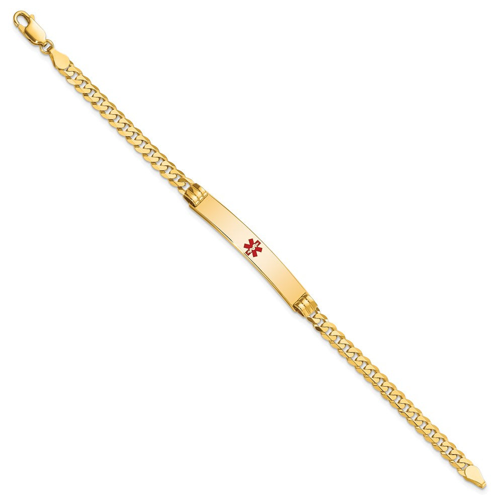 Engravable 14K Yellow Gold Medical Red Enamel Curb Link ID Bracelet Length 8 inches Width 6.5 mm With Lobster Claw Clasp