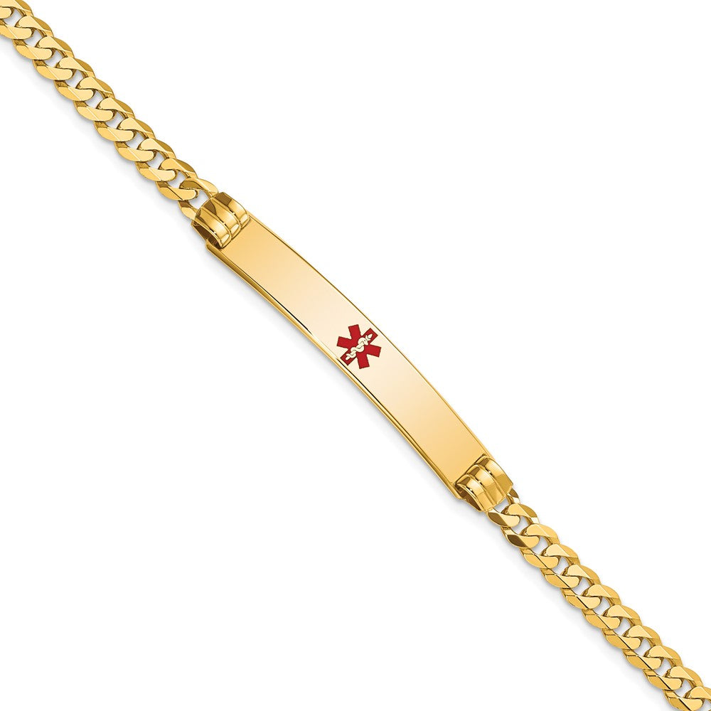 Engravable 14K Yellow Gold Medical Red Enamel Curb Link ID Bracelet Length 8 inches Width 6.5 mm With Lobster Claw Clasp