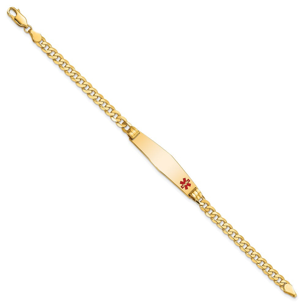 Engravable 14K Yellow Gold Medical Soft Diamond Shape Red Enamel Curb Link ID Bracecet Bracelet Length 8 inches Width 9 mm With Lobster Claw Clasp