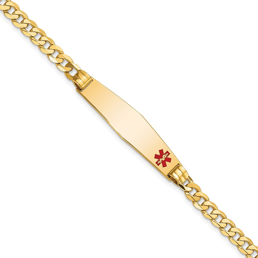 Engravable 14K Yellow Gold Medical Soft Diamond Shape Red Enamel Curb Link ID Bracecet Bracelet Length 8 inches Width 9 mm With Lobster Claw Clasp