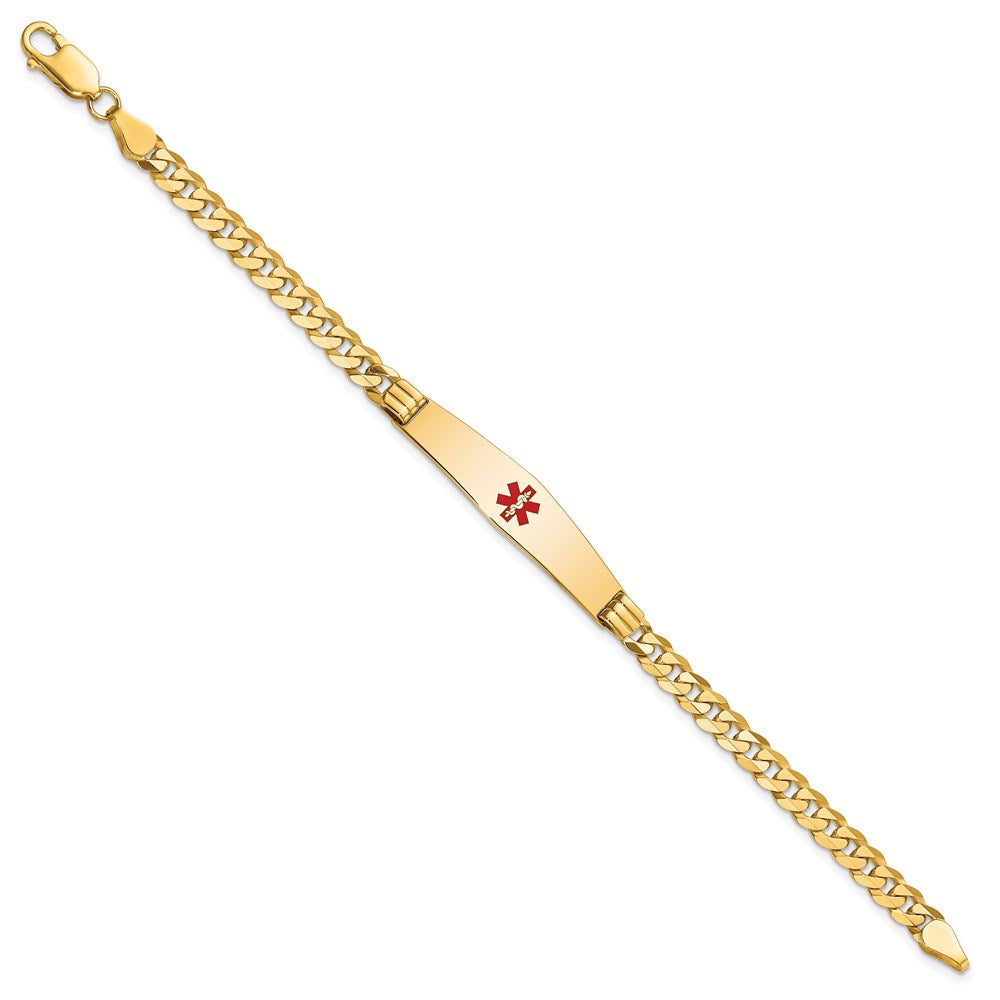 Engravable 14K Yellow Gold Medical Soft Diamond Shape Red Enamel Curb Link ID Bracelet Length 7 inches Width 9 mm With Lobster Claw Clasp