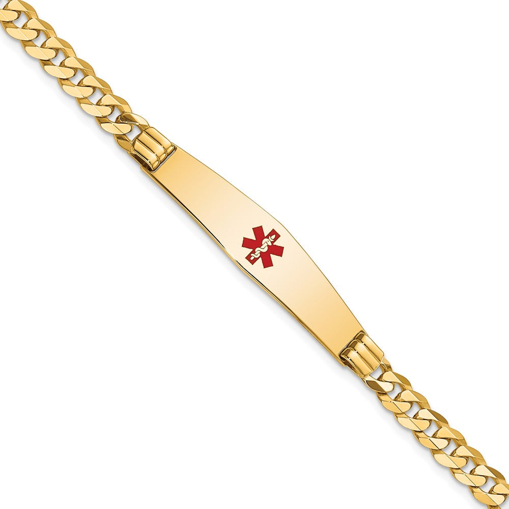 Engravable 14K Yellow Gold Medical Soft Diamond Shape Red Enamel Curb Link ID Bracelet Length 7 inches Width 9 mm With Lobster Claw Clasp