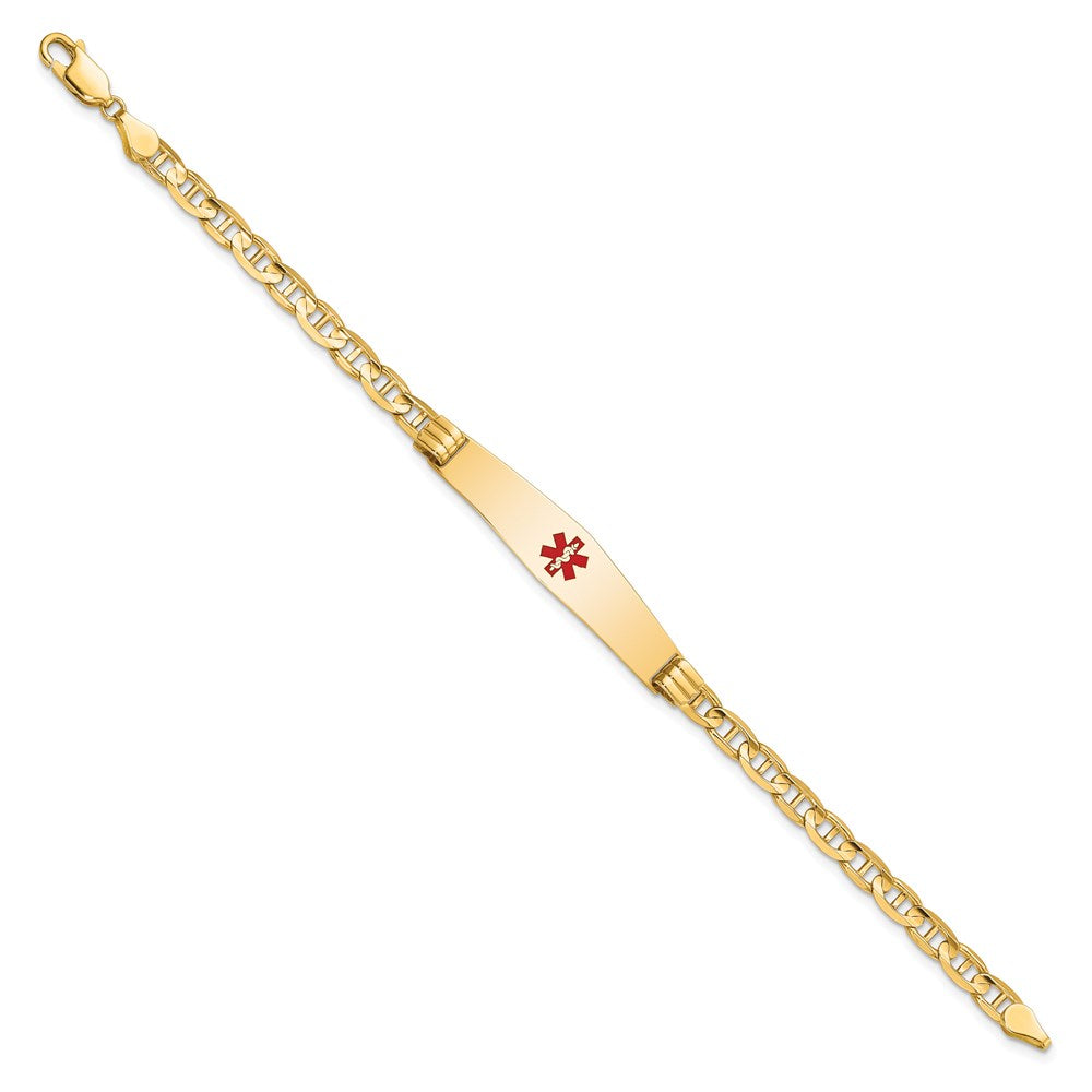 Engravable 14K Yellow Gold Medical Soft Diamond Shape Red Enamel Anchor Link ID Bracelet Length 8 inches Width 9 mm With Lobster Claw Clasp