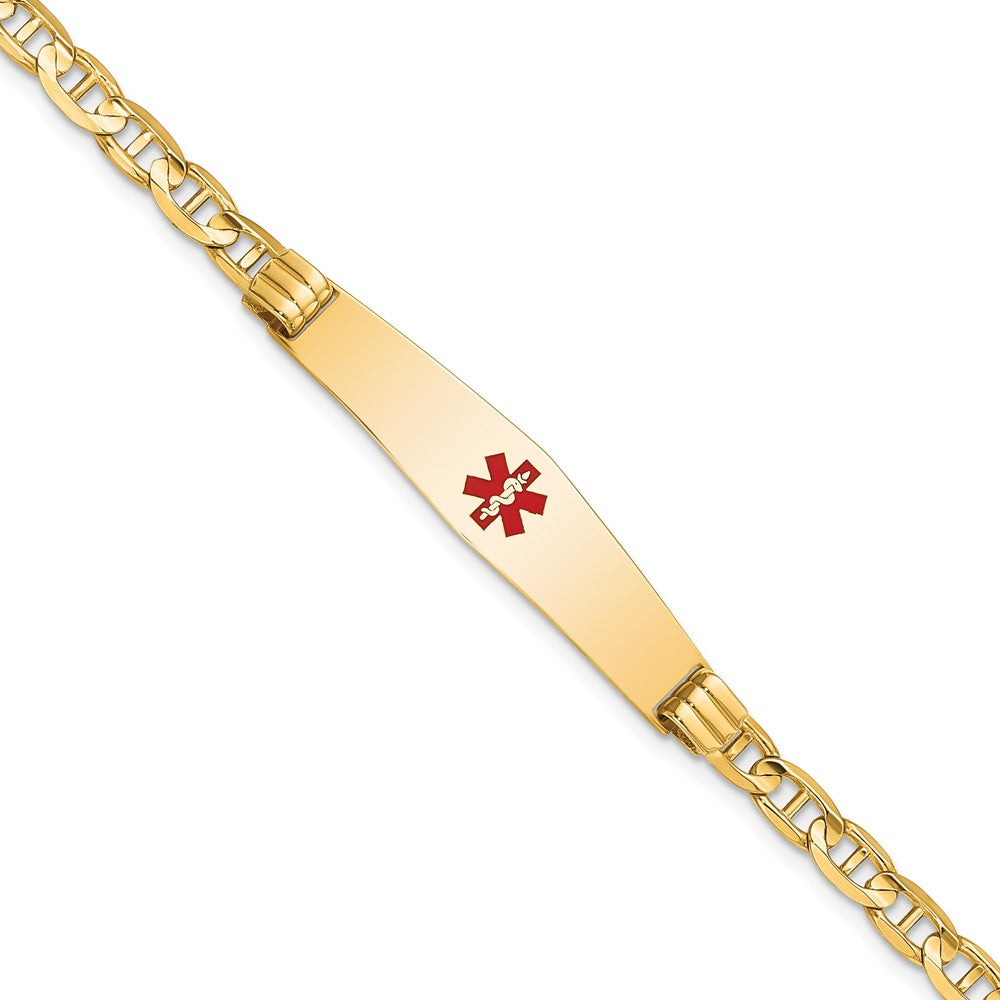 Engravable 14K Yellow Gold Medical Soft Diamond Shape Red Enamel Anchor Link ID Bracelet Length 8 inches Width 9 mm With Lobster Claw Clasp