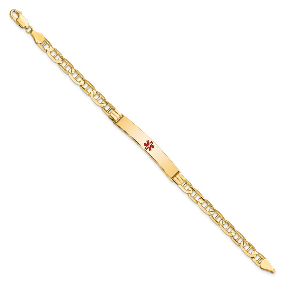 Engravable 14K Yellow Gold Medical Red Enamel Anchor ID Bracelet Length 8 inches Width 6.5 mm With Lobster Claw Clasp