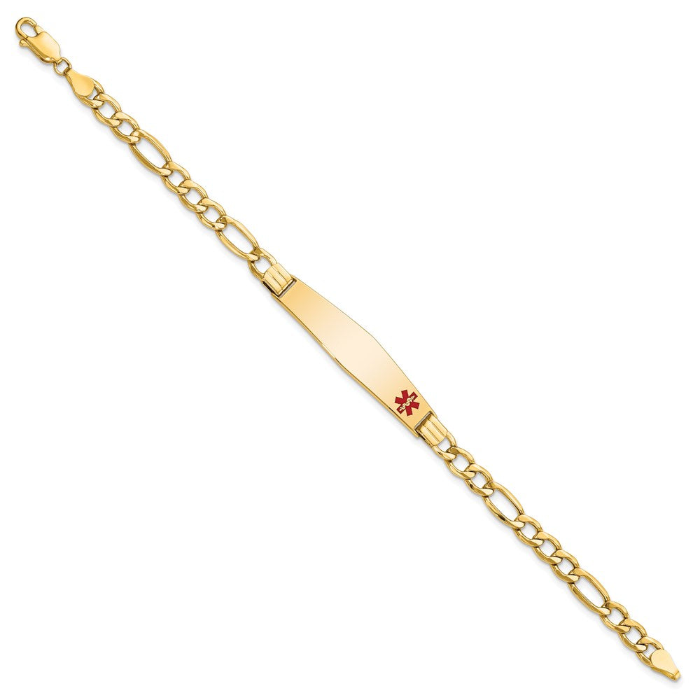 Engravable 14K Yellow Gold Medical Soft Diamond Shape Red Enamel Figaro ID Bracelet Length 8 inches Width 9 mm With Lobster Claw Clasp