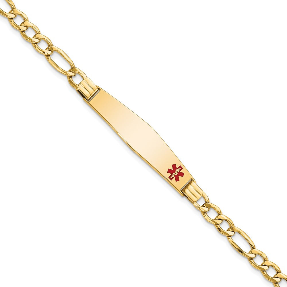 Engravable 14K Yellow Gold Medical Soft Diamond Shape Red Enamel Figaro ID Bracelet Length 7 inches Width 9 mm With Lobster Claw Clasp