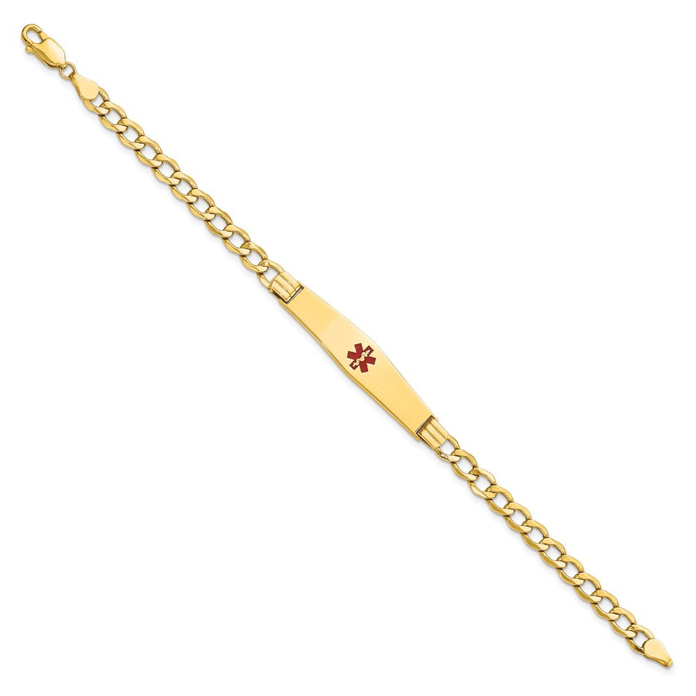 Engravable 14K Yellow Gold Medical Soft Diamond Shape Red Enamel Curb ID Bracelet Length 7 inches Width 9 mm With Lobster Claw Clasp