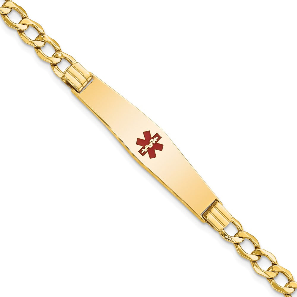 Engravable 14K Yellow Gold Medical Soft Diamond Shape Red Enamel Curb ID Bracelet Length 7 inches Width 9 mm With Lobster Claw Clasp