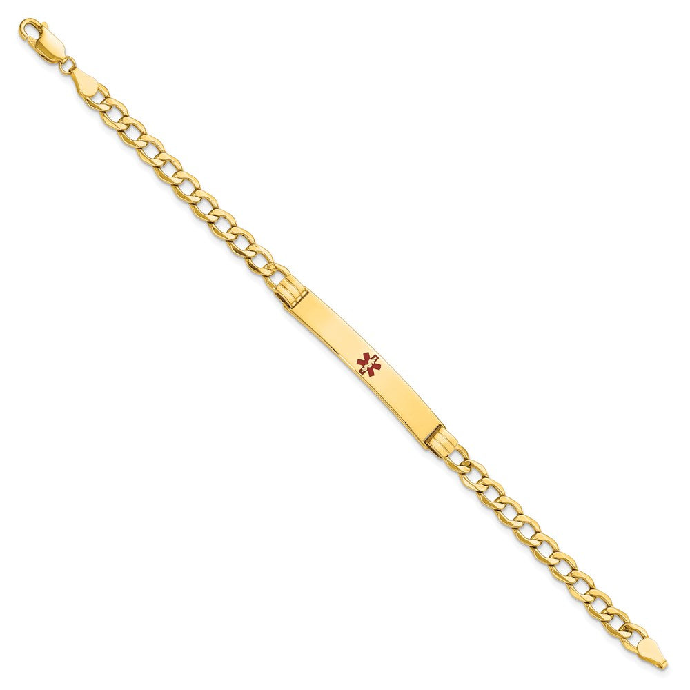 Engravable 14K Yellow Gold Medical Polished Red Enamel Cuban ID Bracelet Length 7 inches Width 6.5 mm With Lobster Claw Clasp