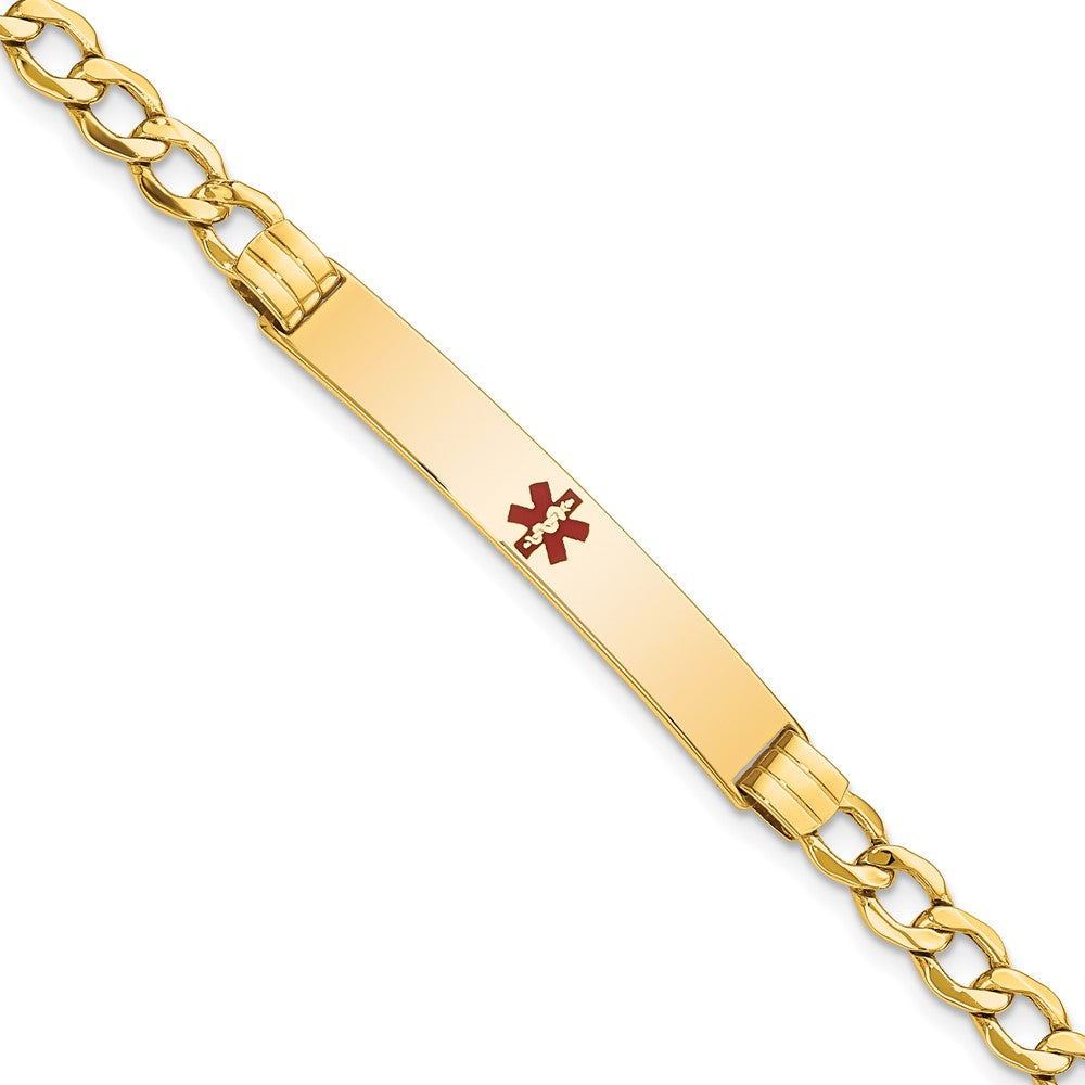 Engravable 14K Yellow Gold Medical Polished Red Enamel Cuban ID Bracelet Length 7 inches Width 6.5 mm With Lobster Claw Clasp