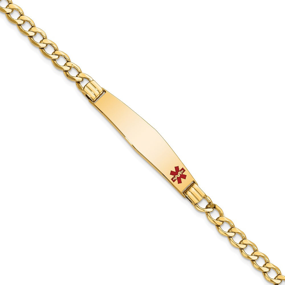 Engravable 14K Yellow Gold Medical Soft Diamond Shape Red Enamel Cuban ID Bracelet Length 7 inches Width 9 mm With Lobster Claw Clasp