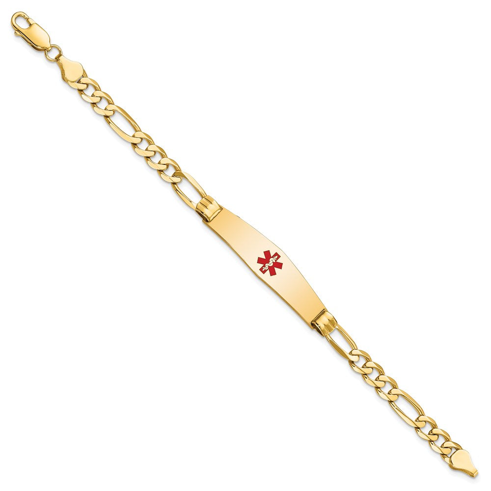 Engravable 14K Yellow Gold Medical Soft Diamond Shape Red Enamel Figaro ID Bracelet Length 7 inches Width 9.5 mm With Lobster Claw Clasp