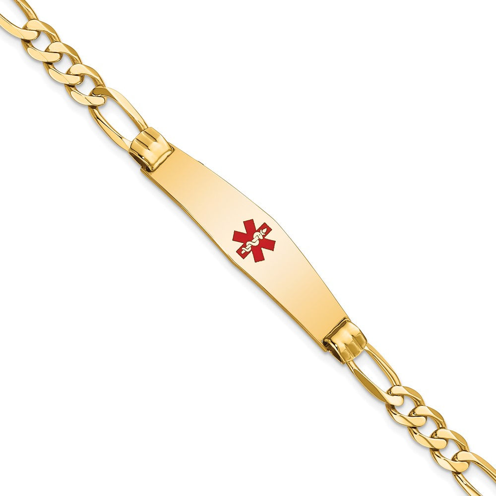 Engravable 14K Yellow Gold Medical Soft Diamond Shape Red Enamel Figaro ID Bracelet Length 7 inches Width 9.5 mm With Lobster Claw Clasp