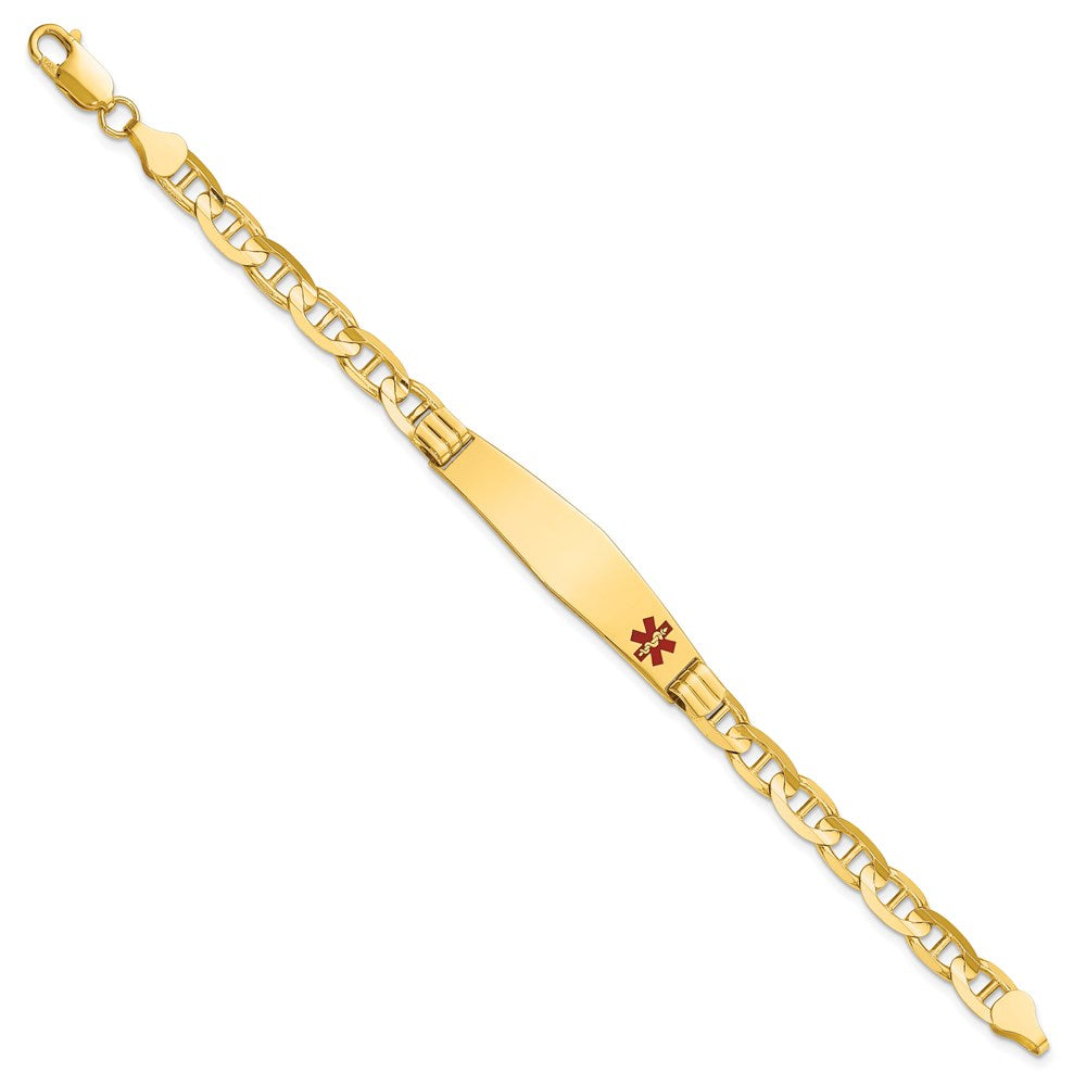 Engravable 14K Yellow Gold Medical Soft Diamond Shape Red Enamel Anchor Link ID Bracelet Length 8 inches Width 9.5 mm With Lobster Claw Clasp