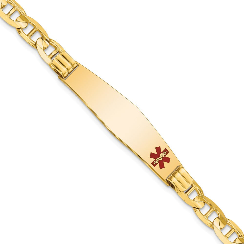 Engravable 14K Yellow Gold Medical Soft Diamond Shape Red Enamel Anchor Link ID Bracelet Length 8 inches Width 9.5 mm With Lobster Claw Clasp