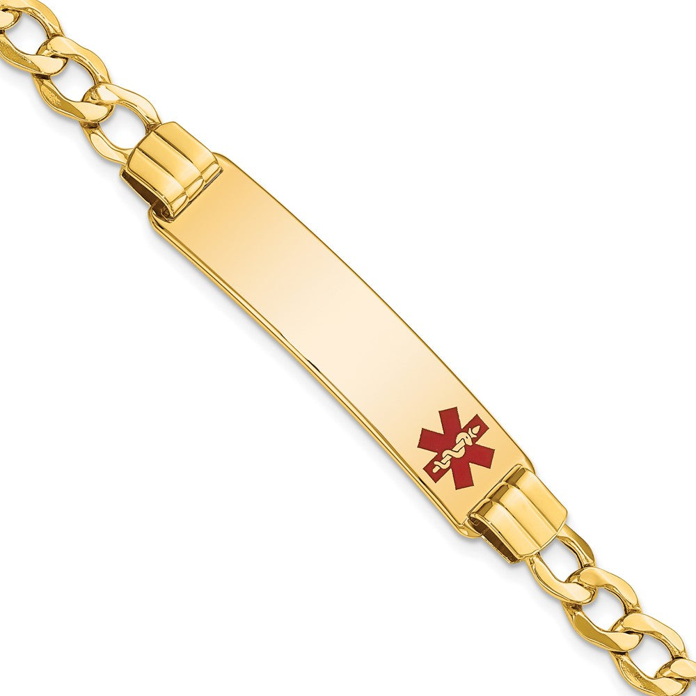 Engravable 14K Yellow Gold Medical Red Enamel Curb Link ID Bracelet Length 7 inches Width 10.5 mm With Lobster Claw Clasp