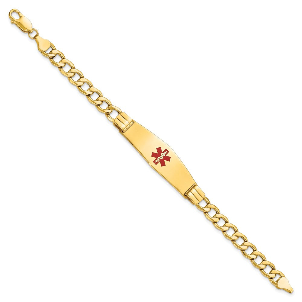 Engravable 14K Yellow Gold Medical Soft Diamond Shape Red Enamel Curb Link ID Bracelet Length 7 inches Width 13.5 mm With Lobster Claw Clasp