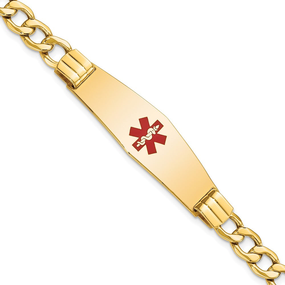 Engravable 14K Yellow Gold Medical Soft Diamond Shape Red Enamel Curb Link ID Bracelet Length 7 inches Width 13.5 mm With Lobster Claw Clasp