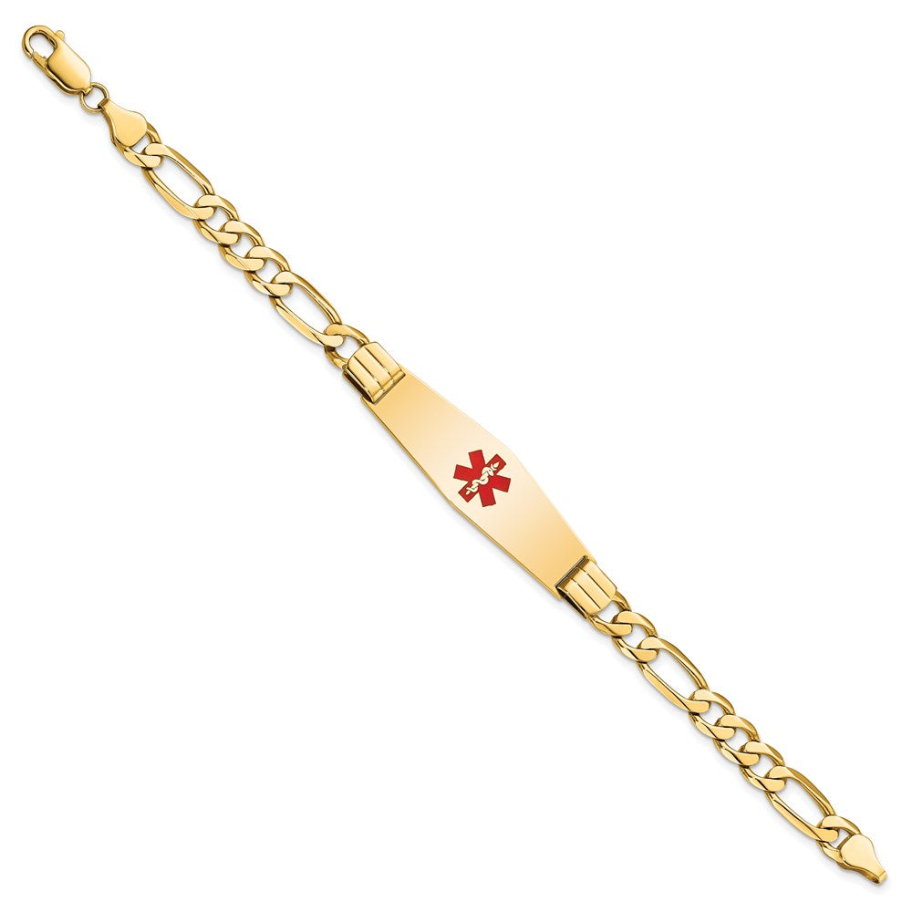 Engravable 14K Yellow Gold Medical Soft Diamond Shape Red Enamel Flat Figaro Link ID Bracelet Length 7 inches Width 13.5 mm With Lobster Claw Clasp