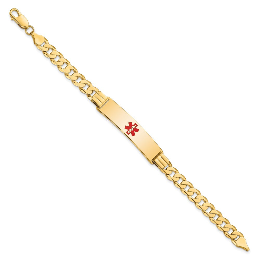 Engravable 14K Yellow Gold Medical Red Enamel Curb Link ID Bracelet Length 7 inches Width 10.5 mm With Lobster Claw Clasp